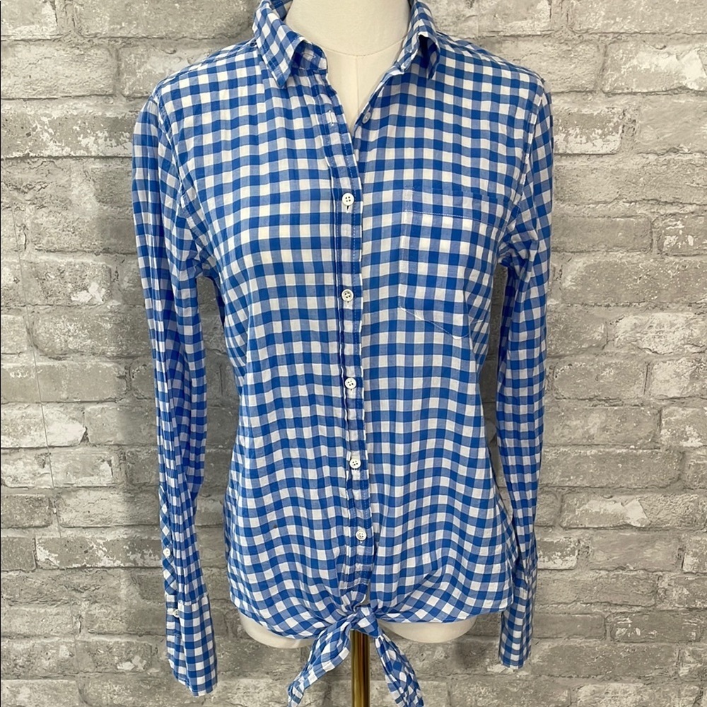 J. Crew Blue and White Gingham Tie Front Button Down Shirt